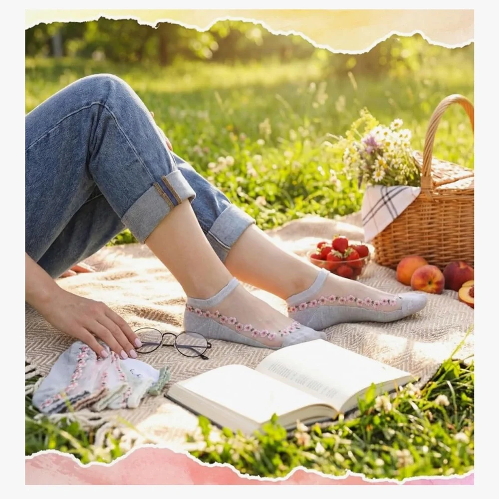🆕 Floral Embroidered Sheer Ankle Socks - Beige & Assorted Floral Colors